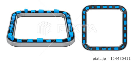 Set of Airport luggage conveyor belt or baggage claim area with suitcases on white. 134480411