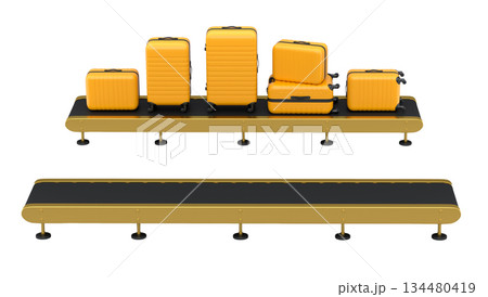 Set of Airport luggage conveyor belt or manufacture line with baggage on white. 134480419