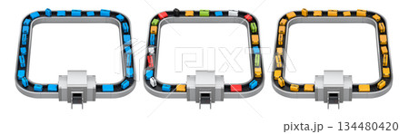 Set of Airport luggage conveyor belt or baggage claim area with suitcases on white. 134480420