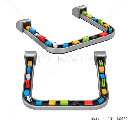 Set of Airport luggage conveyor belt or baggage claim area with suitcases on white. 134480421
