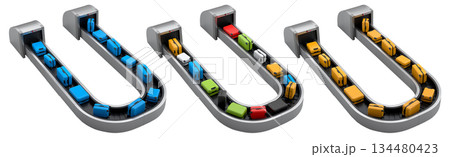 Set of Airport luggage conveyor belt or baggage claim area with suitcases on white. 134480423