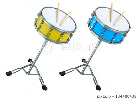 Set of drums and wooden drum sticks on white. 3d render of musical instrument 134480439