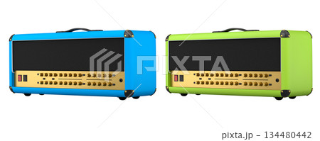Set of classical electric and acoustic guitar amplifier isolated on white background. Set of classical electric and acoustic guitar amplifier isolated on white background. 134480442