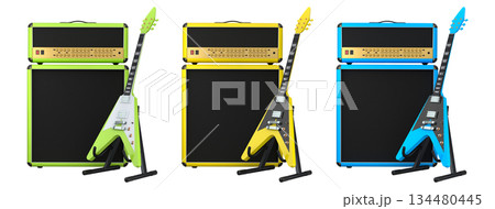 Set of amplifier with acoustic guitar isolated on white background. 134480445