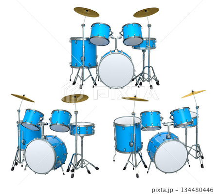 Set of realistic drums with metal cymbals or drumset on white background Set of realistic drums with metal cymbals or drumset on white background 134480446