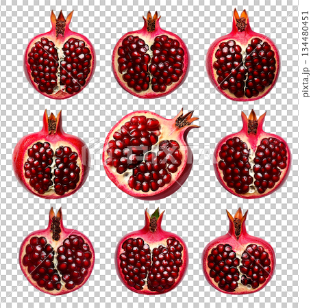 Set of Halved pomegranate showing juicy red seeds and vibrant details, isolated on white transparent background 134480451