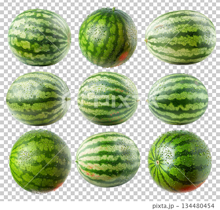 Whole watermelon with vibrant green skin isolated on white transparent background, refreshing healthy summer picnic Whole watermelon with vibrant green skin isolated on white transparent background, refreshing healthy summer picnic 134480454