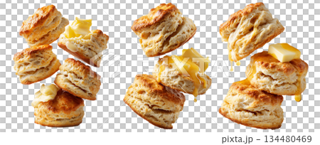 Buttermilk biscuits topped with syrup and butter, isolated on white background, concept of breakfast Buttermilk biscuits topped with syrup and butter, isolated on white background, concept of breakfast 134480469