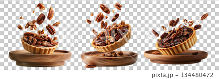Sweet glazed pecan tart pie with golden crust and caramelized nut topping, isolated on white background, concept of dessert 134480472