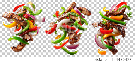 Tex-Mex Fajitas grilled beef strips with bell peppers and onion slices isolated on white background, concept of fresh grilled food Tex-Mex Fajitas grilled beef strips with bell peppers and onion slices isolated on white background, concept of fresh grilled food 134480477