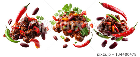 Southwest Tex-Mex Chili con carne beef chili stir-fry with or without beans isolated on white background, concept of hot cuisine 134480479