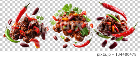 Southwest Tex-Mex Chili con carne beef chili stir-fry with or without beans isolated on white background, concept of hot cuisine 134480479