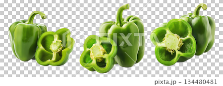 Whole green bell pepper with a sliced half showing seeds and texture, isolated on white transparent background. Whole green bell pepper with a sliced half showing seeds and texture, isolated on white transparent background. 134480481