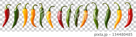 Chili peppers in green, red, yellow, and orange with water droplets isolated on white transparent background. 134480485