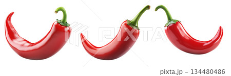 Glossy red chili pepper with a curved shape and green stem isolated on transparent background. 134480486