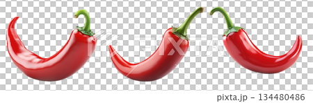Glossy red chili pepper with a curved shape and green stem isolated on transparent background. 134480486