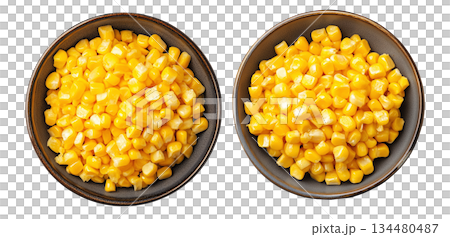 Bowl of yellow corn kernels isolated on white transparent background, concept of healthy food Bowl of yellow corn kernels isolated on white transparent background, concept of healthy food 134480487