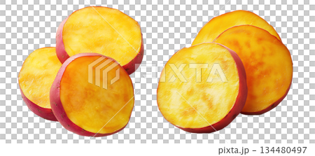 Whole and halved sweet potato, isolated on white transparent background. Concept of healthy food Whole and halved sweet potato, isolated on white transparent background. Concept of healthy food 134480497