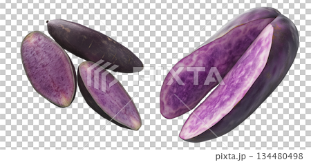 Sliced purple sweet potato, isolated on white transparent background. Concept of healthy food Sliced purple sweet potato, isolated on white transparent background. Concept of healthy food 134480498