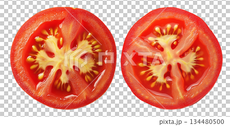 Fresh tomato slices with vibrant red color and juicy texture isolated on white transparent background 134480500