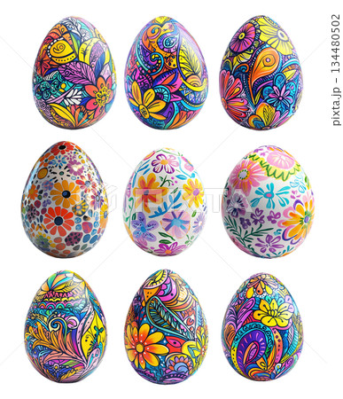 Decorative Easter egg with intricate floral patterns in vibrant colors isolated on white transparent background. Decorative Easter egg with intricate floral patterns in vibrant colors isolated on white transparent background. 134480502