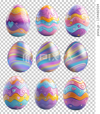 Decorative Easter egg with shimmering pastel stripes in gold, blue, and purple isolated on white transparent background 134480504