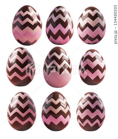 Chocolate Easter egg decorated with pink zigzag pattern, isolated on white transparent background. Chocolate Easter egg decorated with pink zigzag pattern, isolated on white transparent background. 134480505