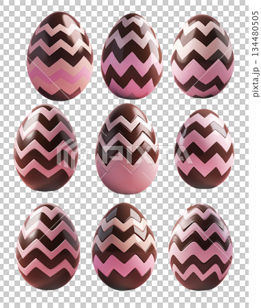 Chocolate Easter egg decorated with pink zigzag pattern, isolated on white transparent background. Chocolate Easter egg decorated with pink zigzag pattern, isolated on white transparent background. 134480505