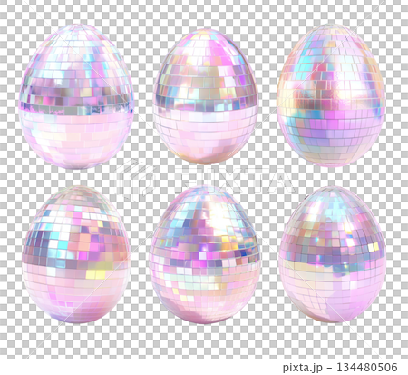A shimmering egg covered in iridescent mirror tiles reflecting light, isolated on white transparent background. A shimmering egg covered in iridescent mirror tiles reflecting light, isolated on white transparent background. 134480506