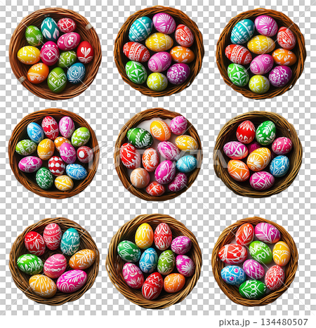 Wicker basket filled with colorful Easter eggs decorated with patterns, isolated on white transparent background. Wicker basket filled with colorful Easter eggs decorated with patterns, isolated on white transparent background. 134480507