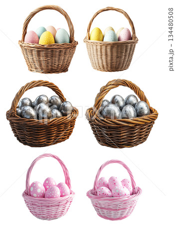 Wicker basket filled with colorful Easter eggs decorated with patterns, isolated on white transparent background. 134480508