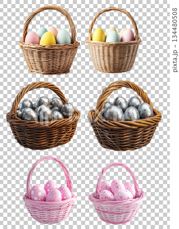 Wicker basket filled with colorful Easter eggs decorated with patterns, isolated on white transparent background. 134480508
