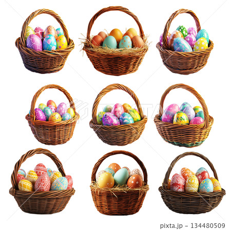 Wicker basket filled with colorful Easter eggs decorated with patterns, isolated on white transparent background. Wicker basket filled with colorful Easter eggs decorated with patterns, isolated on white transparent background. 134480509