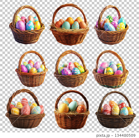 Wicker basket filled with colorful Easter eggs decorated with patterns, isolated on white transparent background. Wicker basket filled with colorful Easter eggs decorated with patterns, isolated on white transparent background. 134480509
