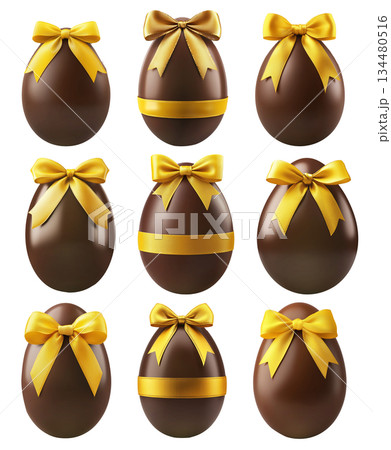 Glossy chocolate Easter egg tied with yellow ribbon in bow, isolated on white transparent background. 134480516