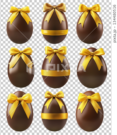 Glossy chocolate Easter egg tied with yellow ribbon in bow, isolated on white transparent background. 134480516