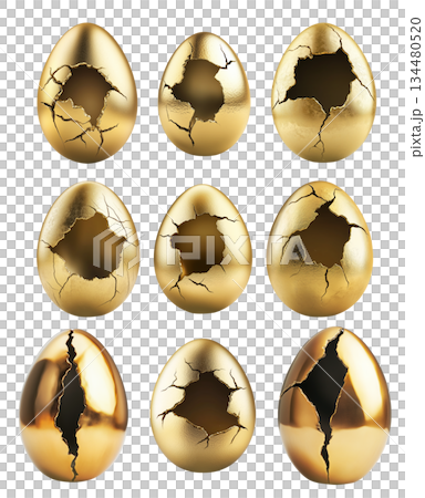 Cracked golden egg with hollow center isolated on white transparent background. The broken shell symbolizes wealth 134480520