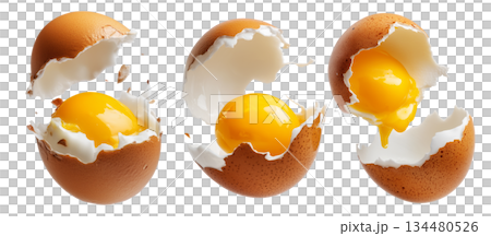 Cracked brown egg with intact yolk and broken shell in high detail, isolated on white transparent background 134480526