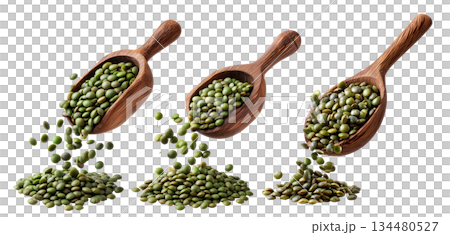 Green lentils falling from rustic wooden scoop, isolated on white background, concept of natural food and legumes 134480527