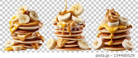 Stack of pancakes topped with banana slices and peanut butter splash isolated on white transparent background 134480529