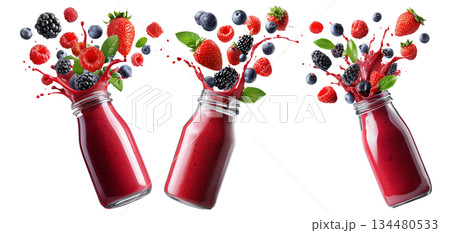 Vibrant berry smoothie splashing from glass bottle, surrounded by fresh fruits and mint, isolated on white background 134480533