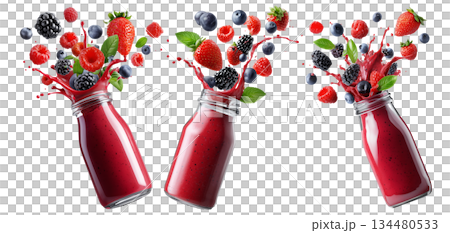 Vibrant berry smoothie splashing from glass bottle, surrounded by fresh fruits and mint, isolated on white background 134480533