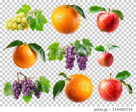 Set of apple, orange and red grapes hanging on the vine with green leaves, isolated on a white transparent background 134480534
