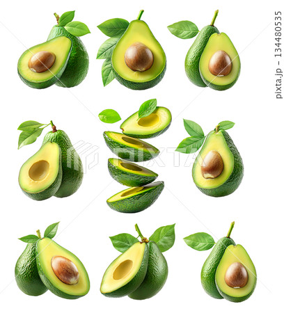 Set of avocado slices with green leaves isolated on white transparent background, concept of healthy food 134480535