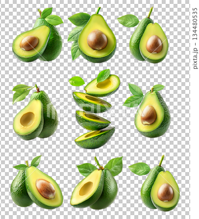 Set of avocado slices with green leaves isolated on white transparent background, concept of healthy food 134480535