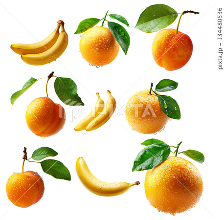 Set of banana, grapefruit and apricot with dew drops and leaves isolated on white background 134480536
