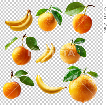 Set of banana, grapefruit and apricot with dew drops and leaves isolated on white background 134480536