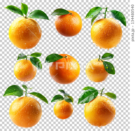 A fresh and juicy orange or grapefruit with leaves and water droplets against a white background A fresh and juicy orange or grapefruit with leaves and water droplets against a white background 134480540