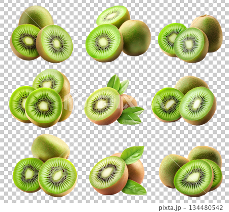 Set of kiwi fruits with vibrant green flesh and brown fuzzy skin, isolated on white transparent background. Set of kiwi fruits with vibrant green flesh and brown fuzzy skin, isolated on white transparent background. 134480542