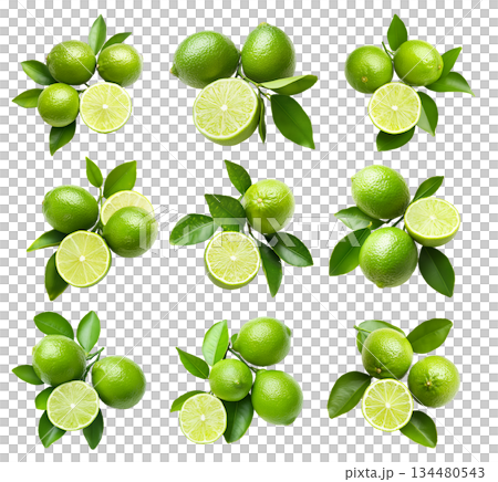 Set of green limes with fresh leaves, presented on white transparent background, freshness and citrus concept 134480543